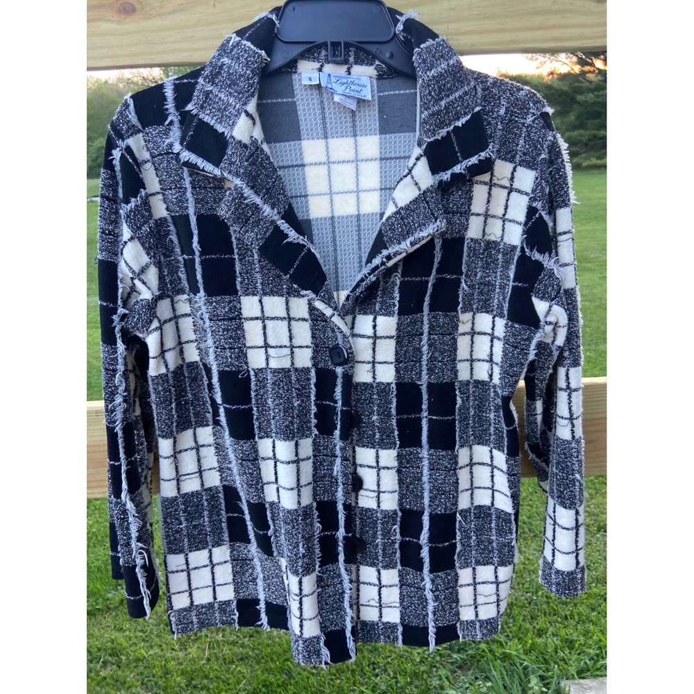 Lighthouse Point Womens Black White Plaid Eyelash Fringe Button Up Jacket Small